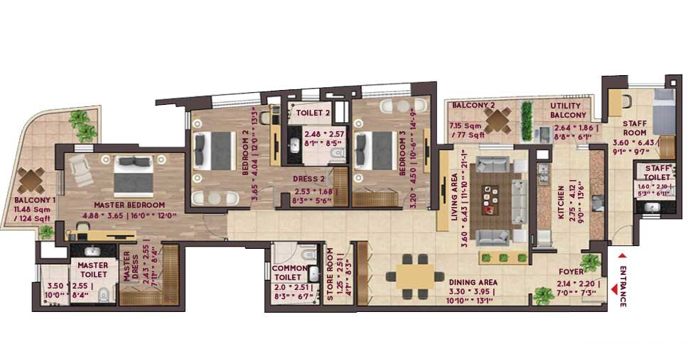 3 BHK + SR + Staff